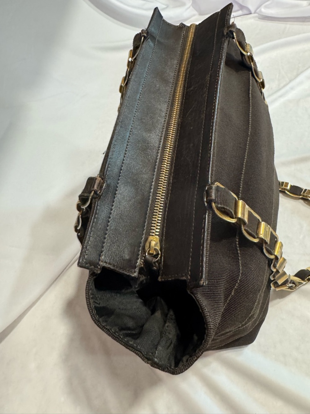 Tiered Brown Grosgain Ribbon Shoulder Bag with gold Chain links- AU-21 Series - Picture 4 of 10